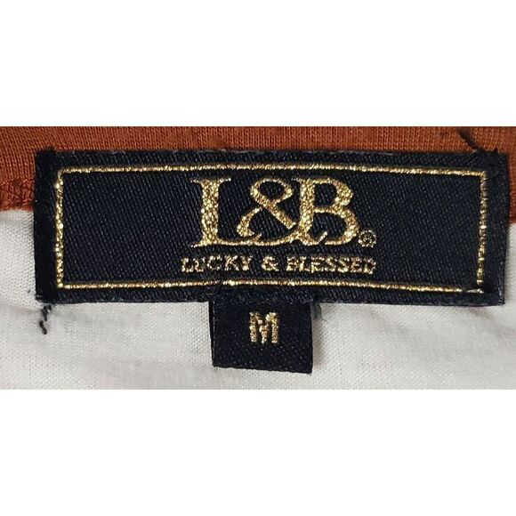 Lucky and Blessed T-Shirt Striped Size Medium Beige Blue Southwestern Santa Fe - Picture 5 of 7